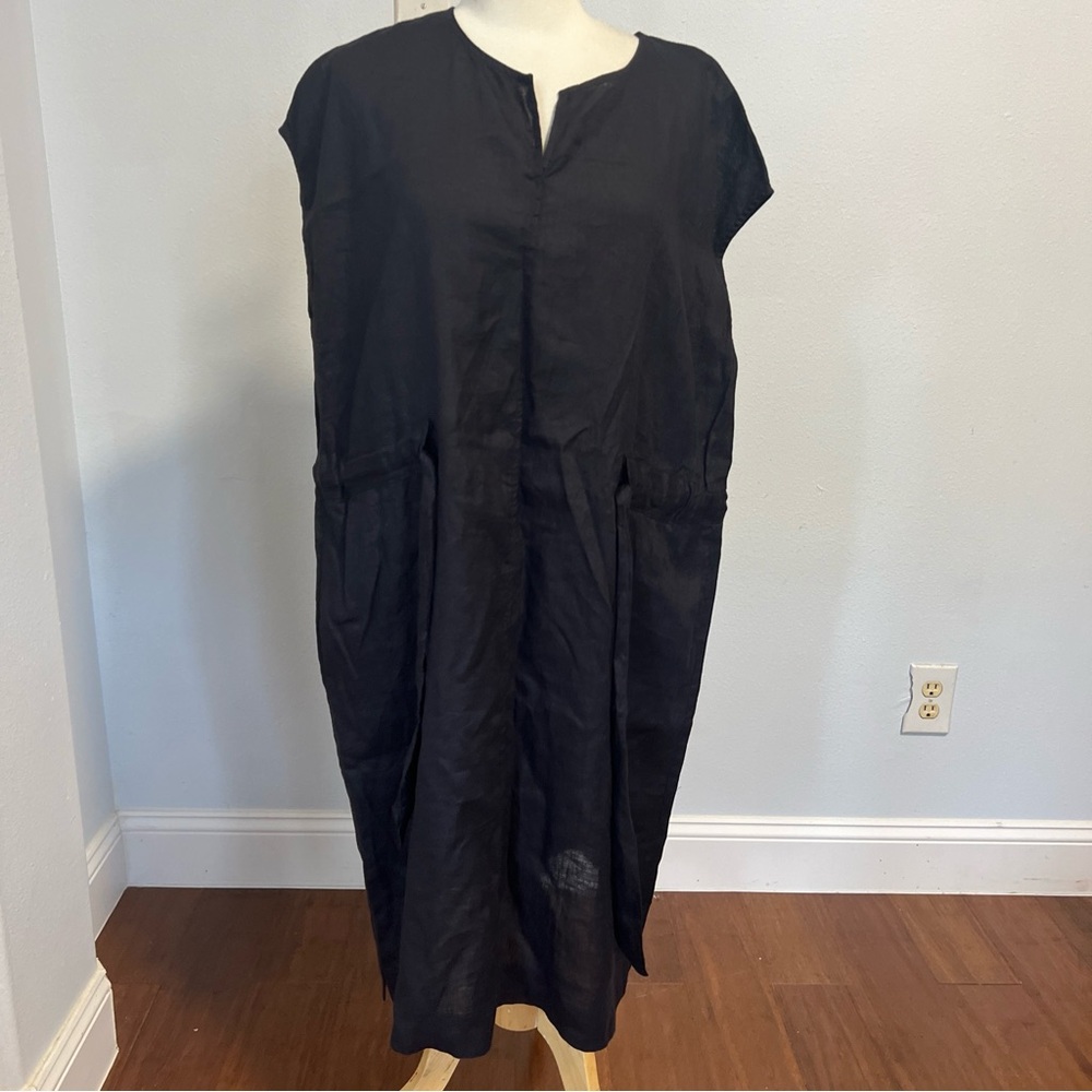 El Corte Ingles Womens Pockets Linen Cinch Waist Black‎ Dress Size M